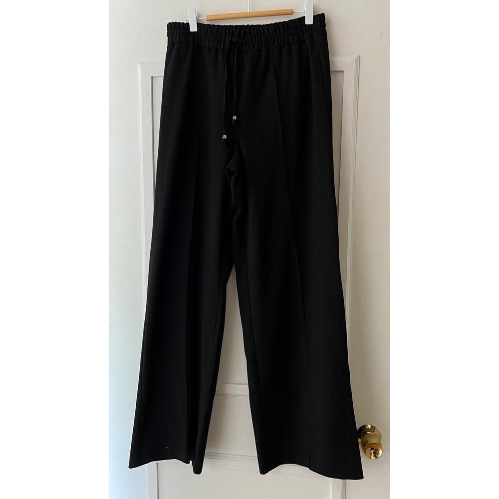 Zara Black Wide Leg Trousers Elastic Waist Pintuck Seam Drawstring Pants Medium